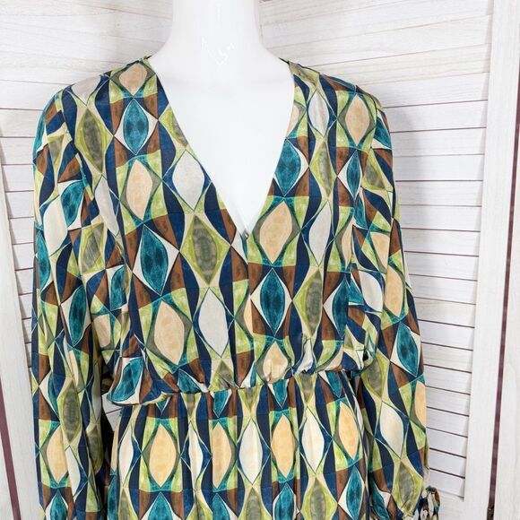 Zara Geometric Print Sateen Maxi Dress Green Blue Tan Long Sleeve Small - Picture 6 of 13